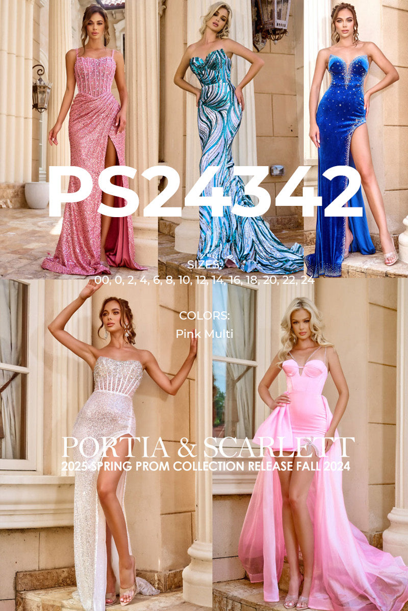 Portia and Scarlett PS24342 prom dress images. Portia and Scarlett PS24342 is available in these colors: Pink Multi.