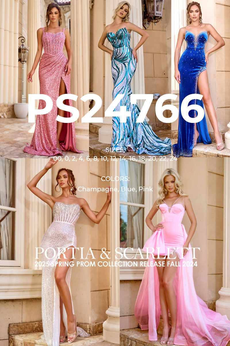 Portia and Scarlett PS24766 prom dress images.  Portia and Scarlett PS24766 is available in these colors: Champagne, Blue, Pink.