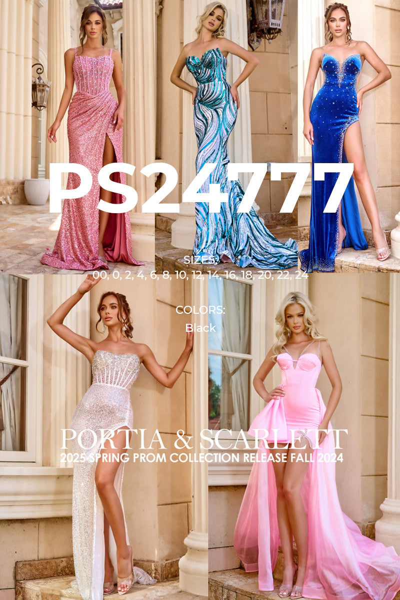Portia and Scarlett PS24777 prom dress images.  Portia and Scarlett PS24777 is available in these colors: Black.