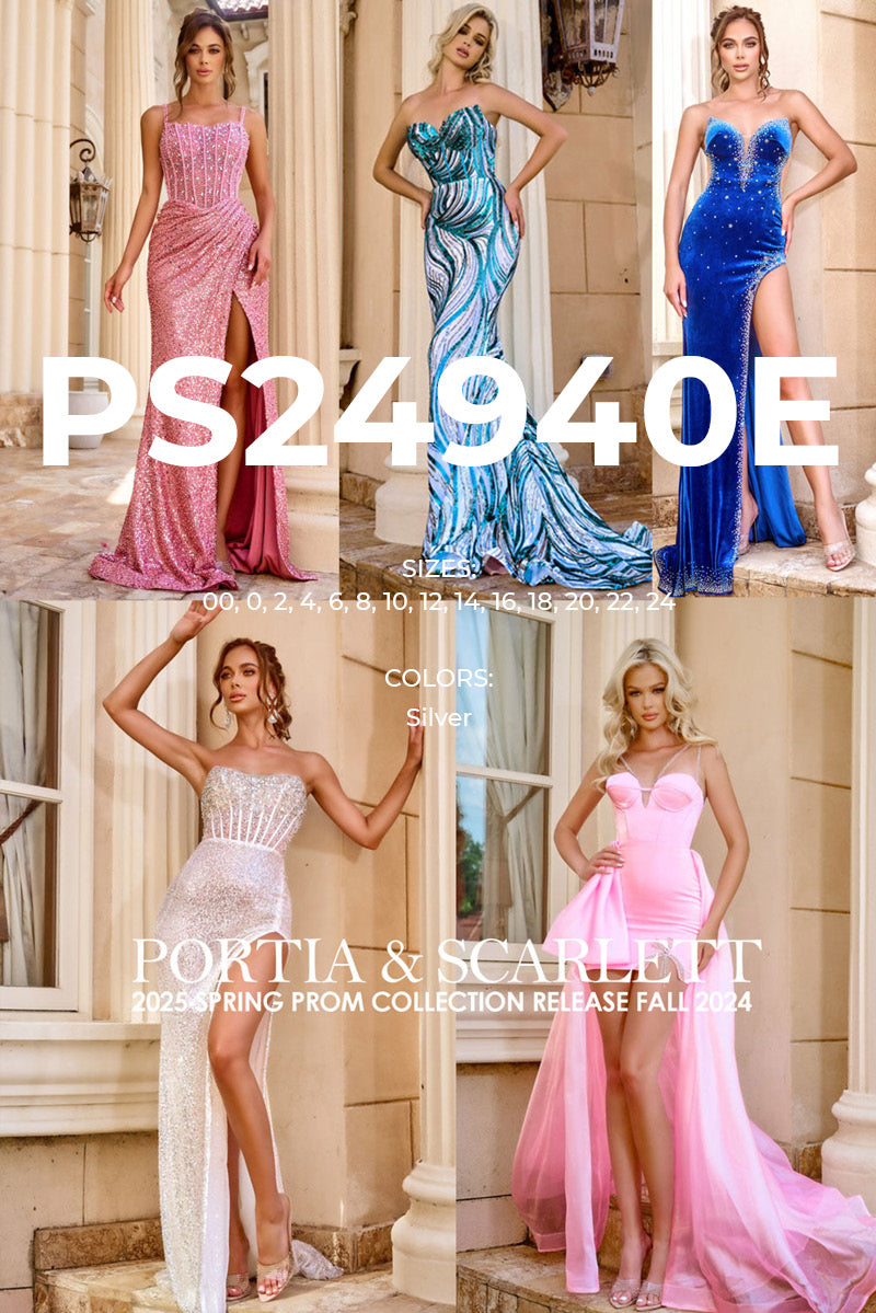 Portia and Scarlett PS24940E prom dress images.  Portia and Scarlett PS24940E is available in these colors: Silver.