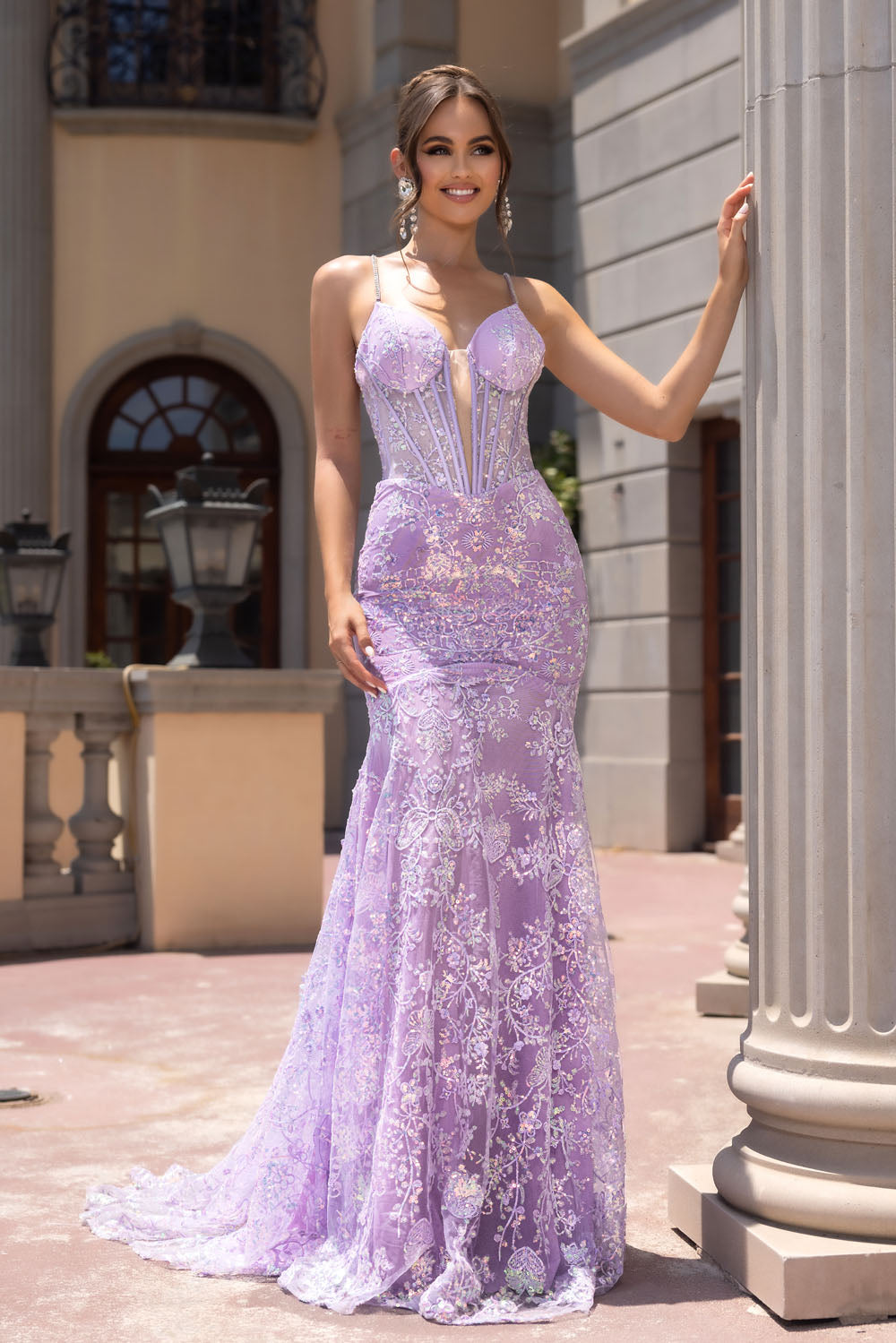 Portia and Scarlett PS25234 prom dress images. Portia and Scarlett PS25234 is available in these colors: Lilac, Blue, Pink.