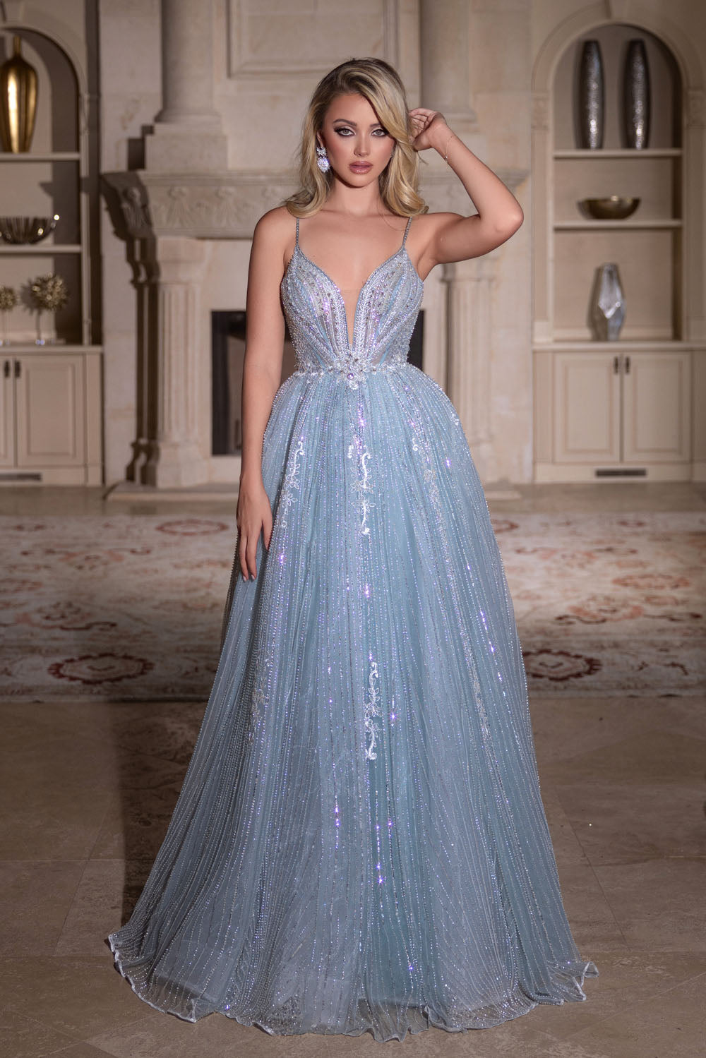 Portia and Scarlett PS25310 prom dress images. Portia and Scarlett PS25310 is available in these colors: Light Blue, Mint, Pink, White, Yellow.