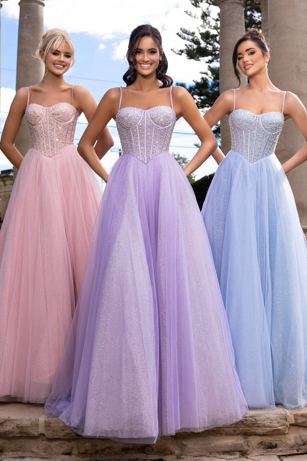 Portia and Scarlett PS25311 prom dress images. Portia and Scarlett PS25311 is available in these colors: Blush, Blue, Lilac, Ivory.