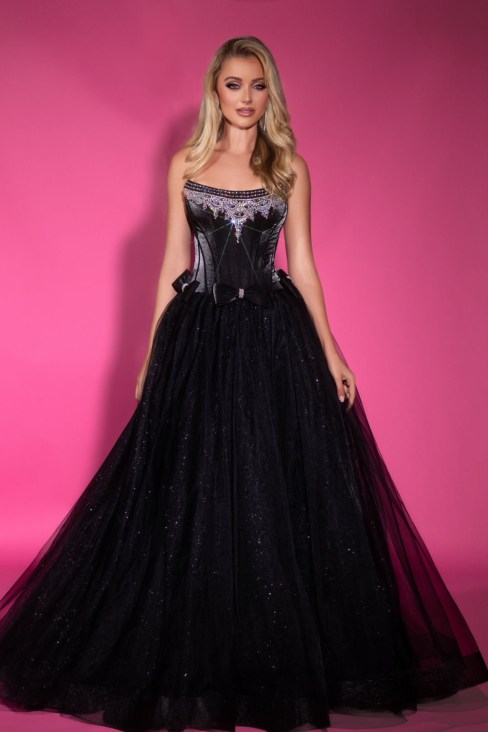 Portia and Scarlett PS25336 prom dress images. Portia and Scarlett PS25336 is available in these colors: Black, Pink.