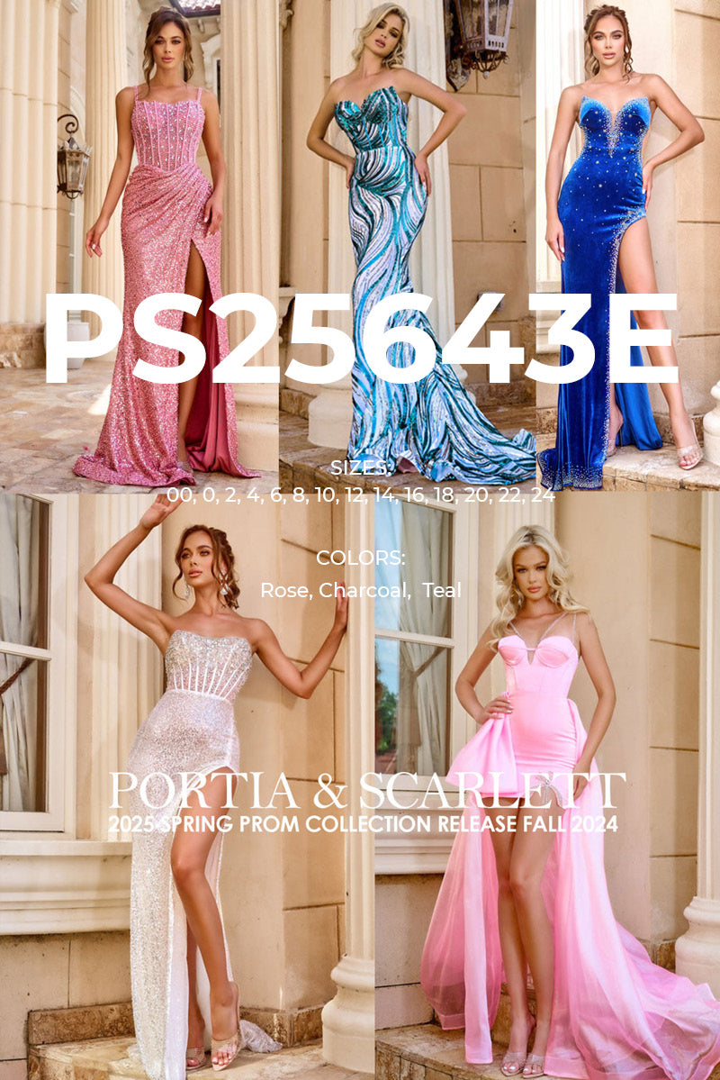 Portia and Scarlett PS25643E prom dress images.  Portia and Scarlett PS25643E is available in these colors: Rose, Charcoal,  Teal.