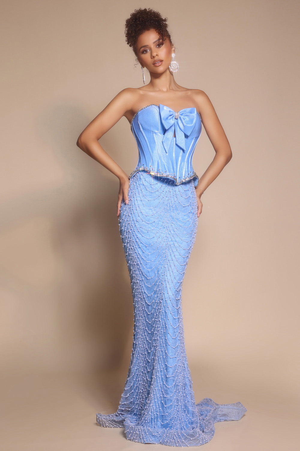 Portia and Scarlett PS26054 Blue mermaid prom dress with beading and a strapless design.