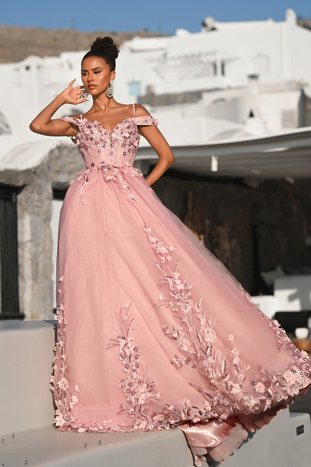 Portia and Scarlett PS26055 Pink ballgown prom dress with floral embroidery and off-the-shoulder straps.
