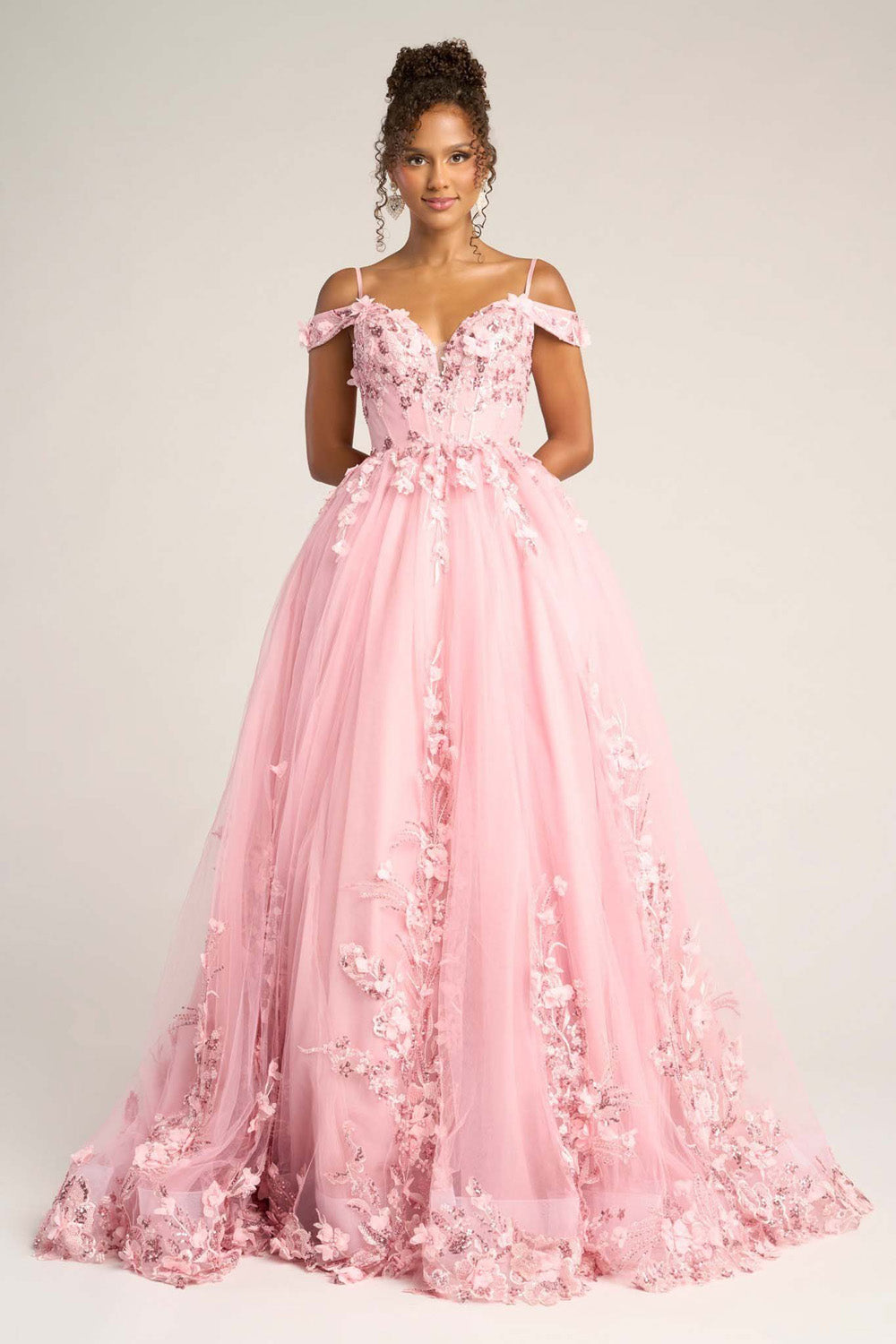 Portia and Scarlett PS26055 Pink ballgown prom dress with floral embellishments and off-shoulder straps.