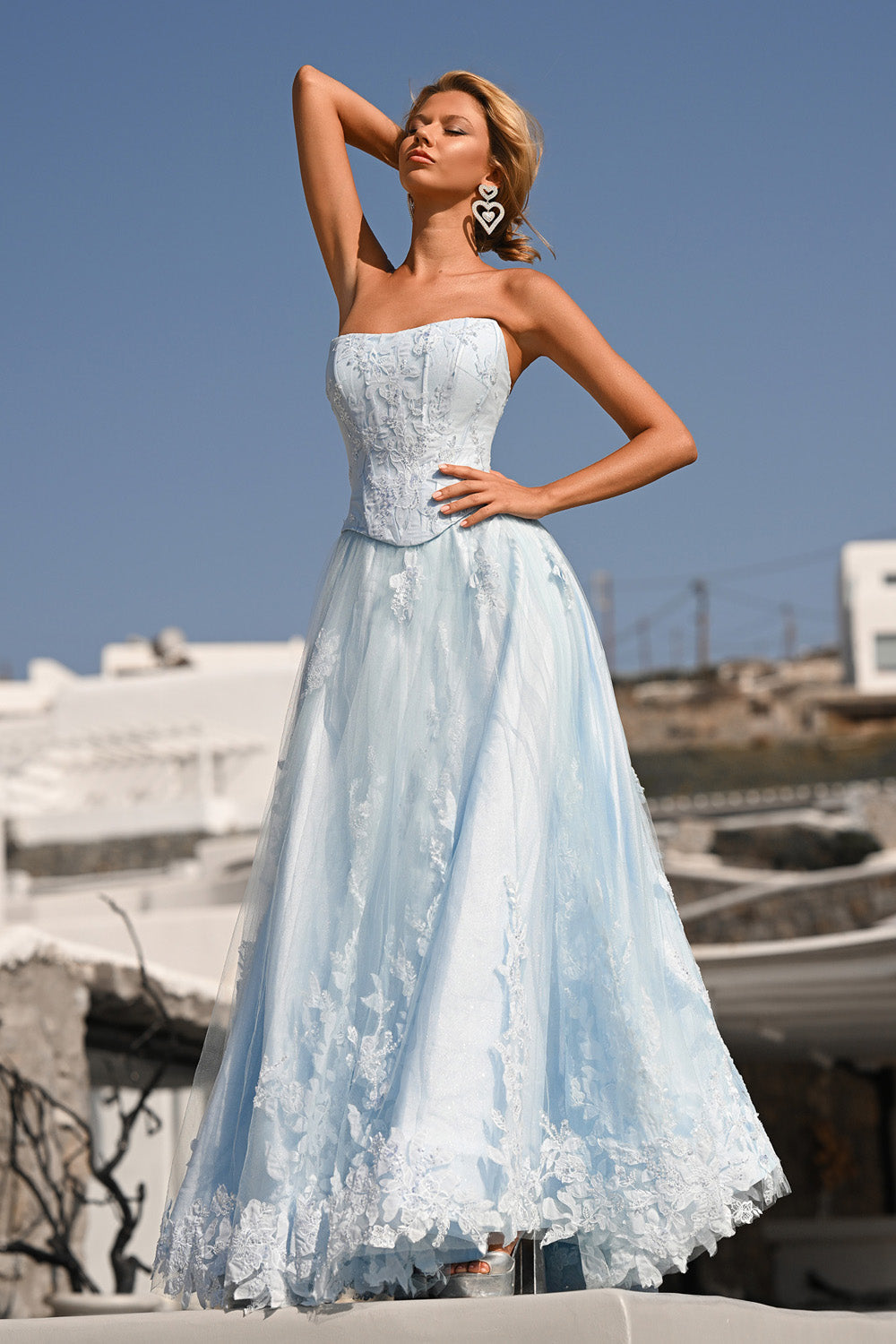 Portia and Scarlett PS26061 Light blue prom dress with lace detailing and a fitted bodice, A-line silhouette.
