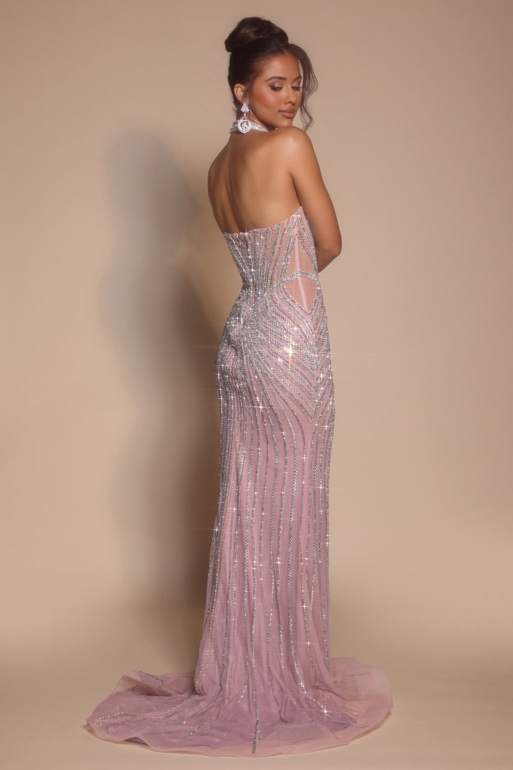 Portia and Scarlett PS26064 Pink mermaid prom dress with sequins and a stunning back view.