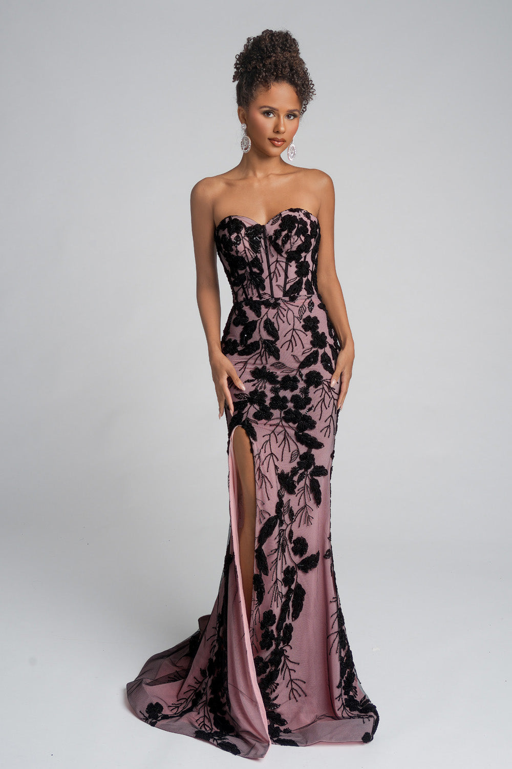 Portia and Scarlett PS26074 Fitted pink prom dress with floral embroidery and a thigh-high slit.
