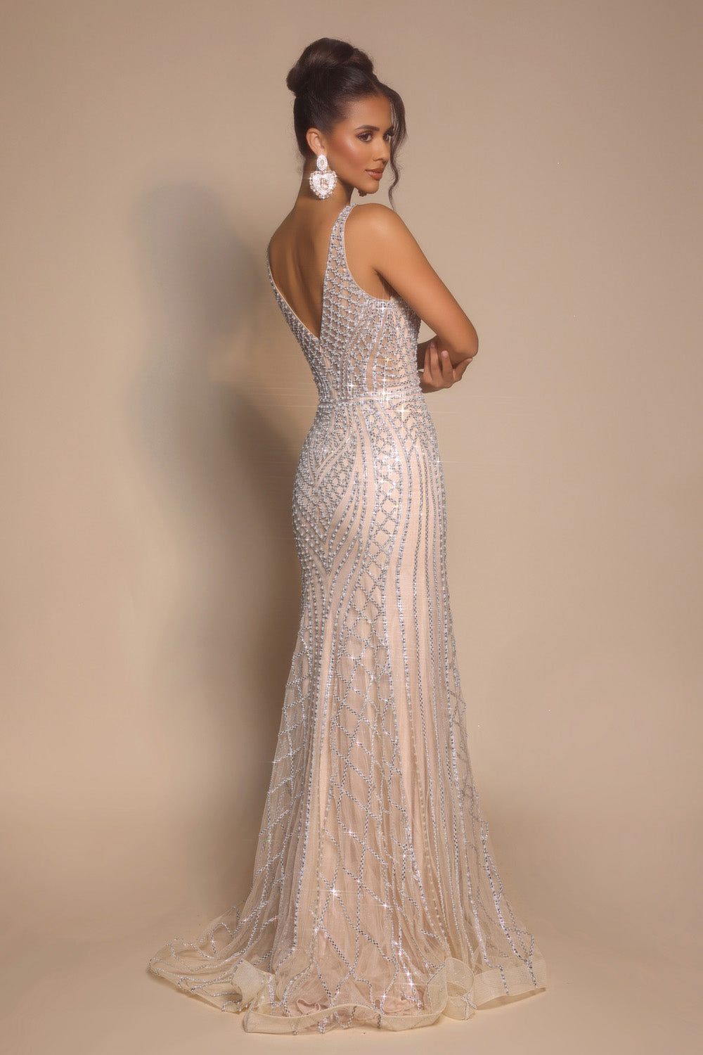 Portia and Scarlett PS26089 Champagne mermaid prom dress with intricate beading, featuring a stunning back view.