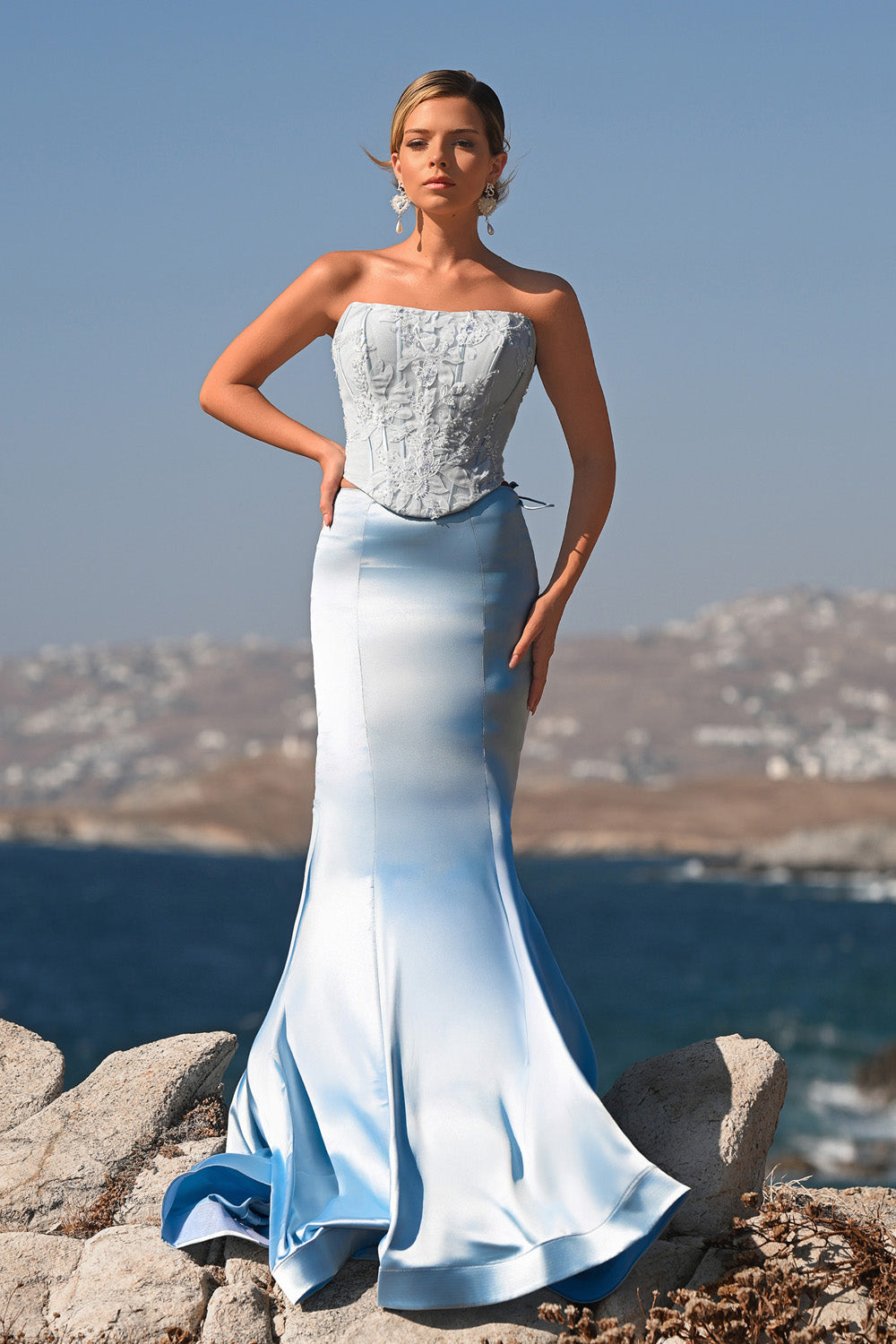 Portia and Scarlett PS26092 Blue mermaid prom dress with intricate beading, featuring a strapless design.