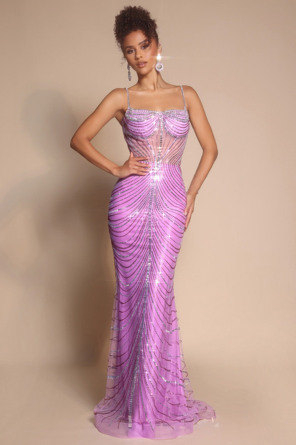 Portia and Scarlett PS26095 Lilac mermaid prom dress with sparkling beading and sheer detailing.