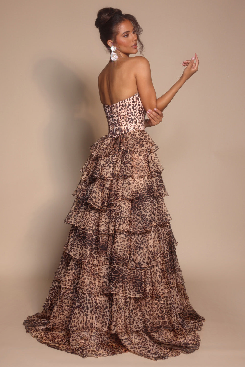 Portia and Scarlett PS26098 Leopard prom dress with layered ruffles and a fitted corset back.