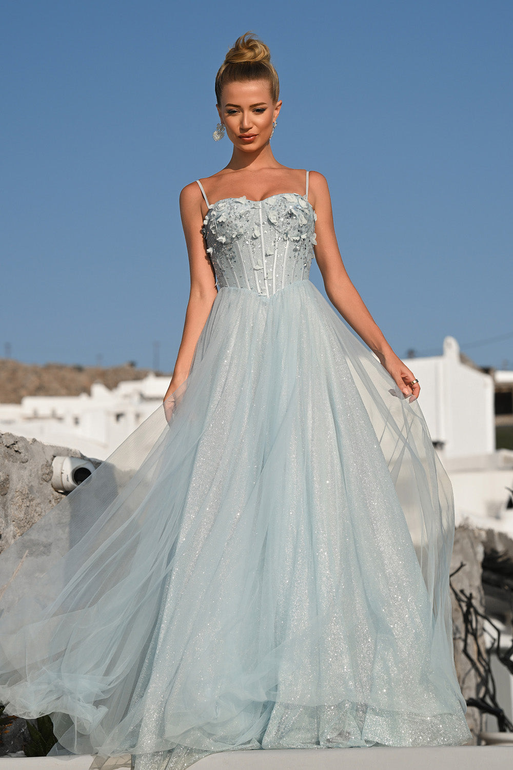 Portia and Scarlett PS26146 Light blue A-line prom dress with floral embellishments and a sparkling tulle skirt.