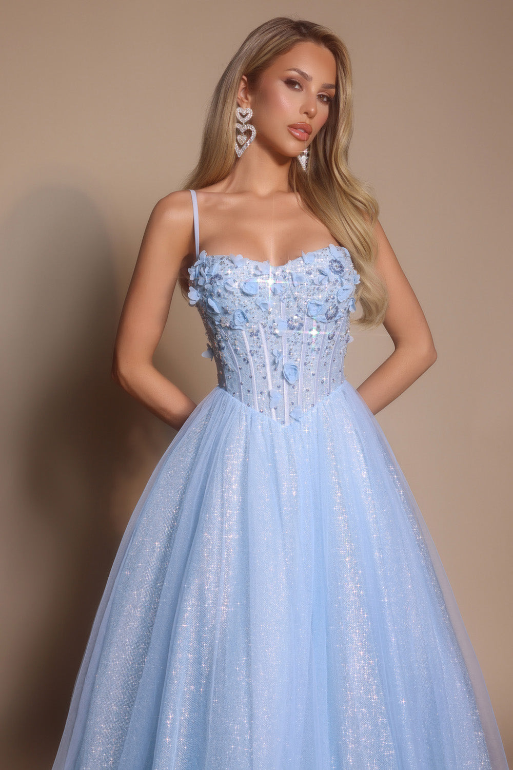 Portia and Scarlett PS26146 Blue prom dress with a fitted bodice, floral embellishments, and a full tulle skirt.