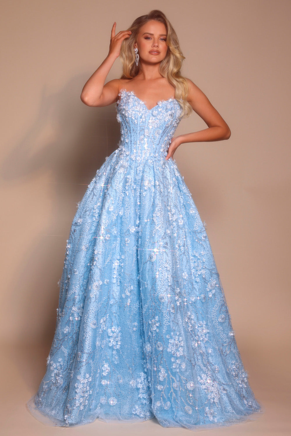 Portia and Scarlett PS26149 Blue ballgown prom dress with intricate beading and a sweetheart neckline.