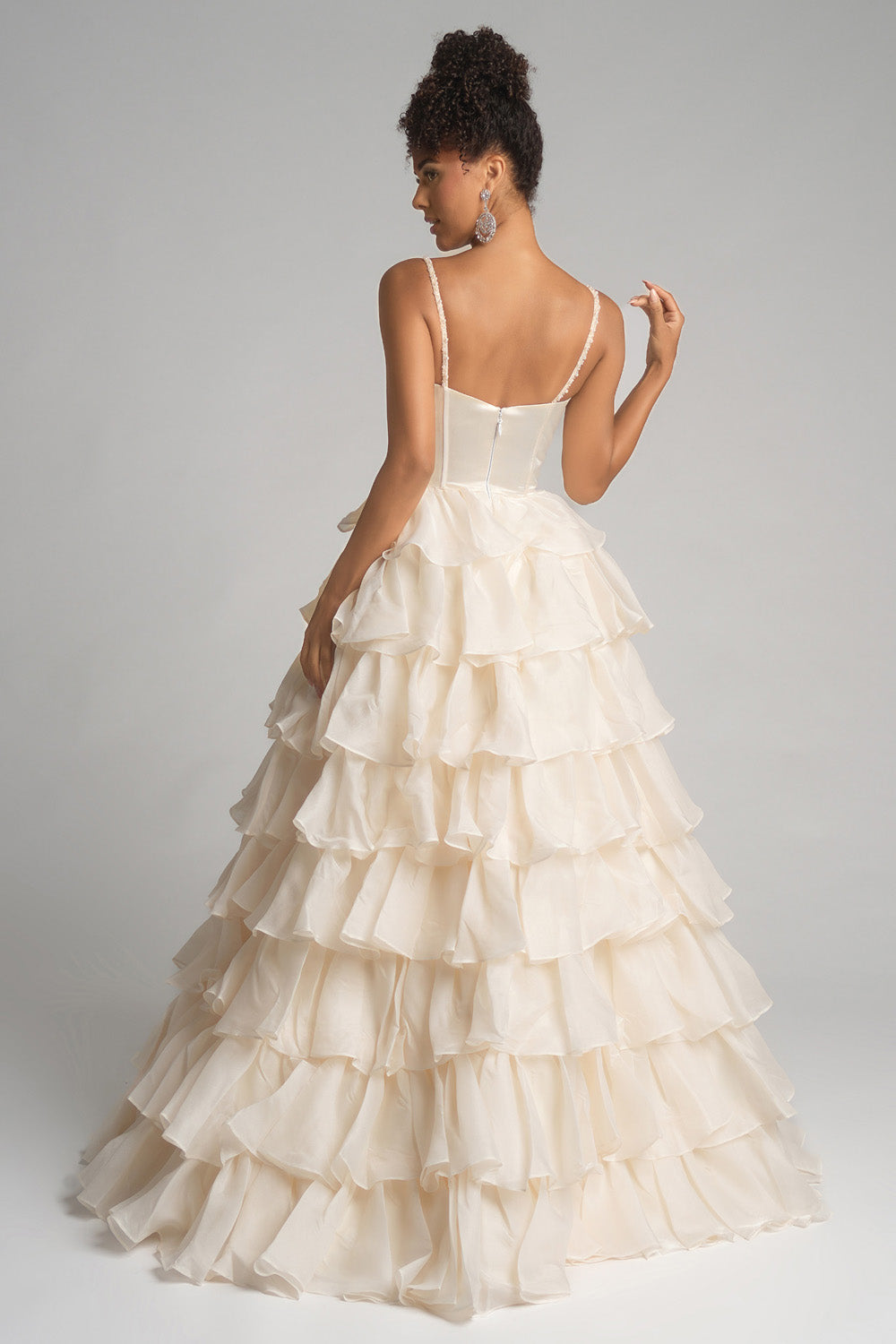 Portia and Scarlett PS26155 Cream tiered ballgown with a lace-up back, perfect for prom prom dress.