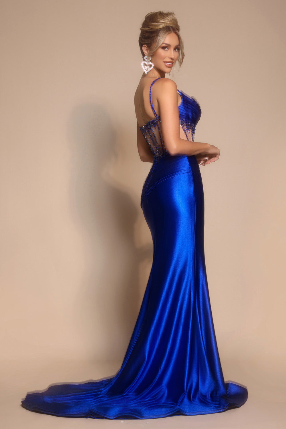 Portia and Scarlett PS26158 Cobalt mermaid prom dress with beaded lace-up back, side view.