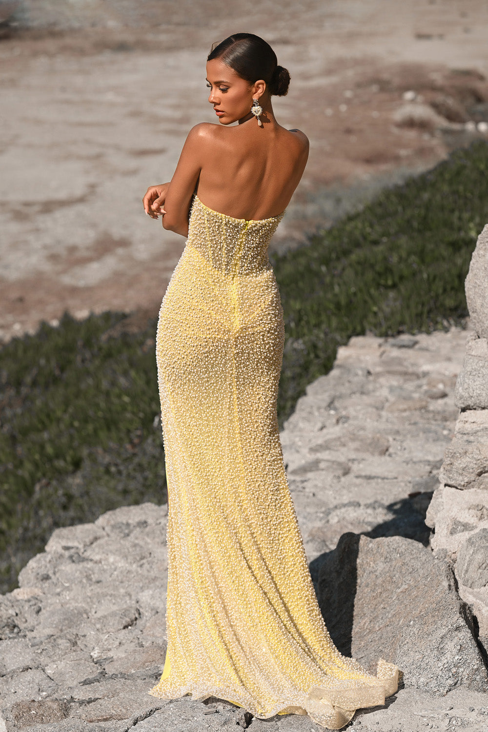 Portia and Scarlett PS26173 Yellow mermaid prom dress with beading, featuring a stunning back view.