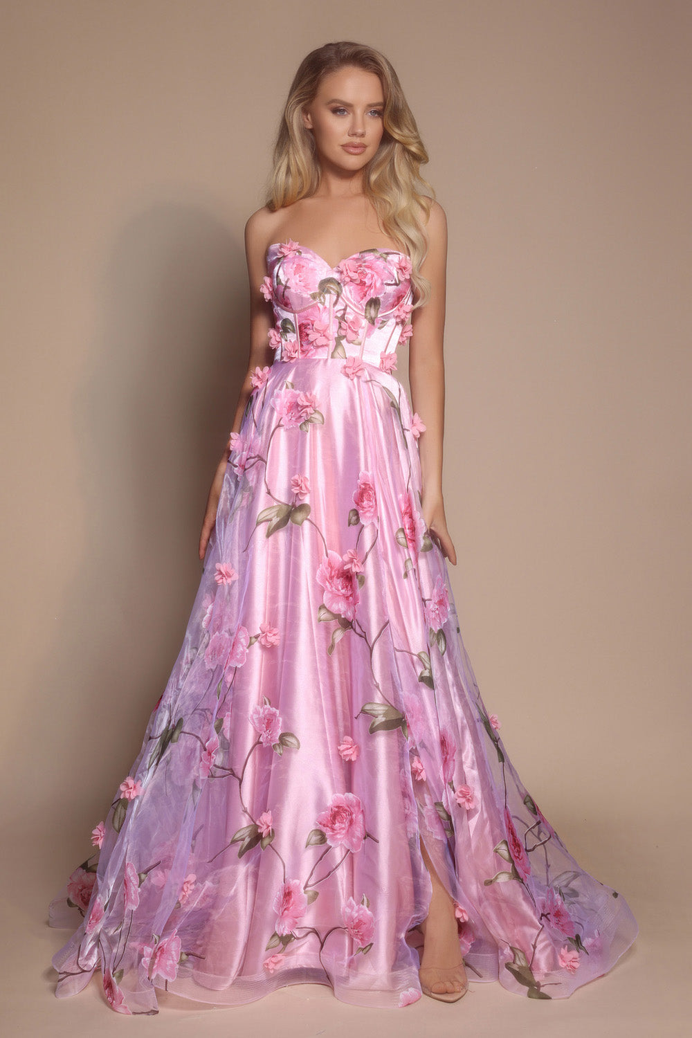 Portia and Scarlett PS26180 Pink A-line prom dress with floral details and a side slit.
