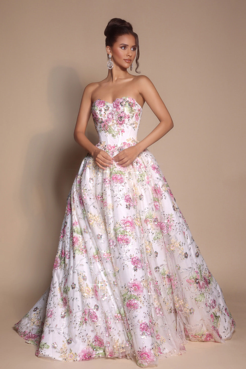 Portia and Scarlett PS26215 Strapless floral ballgown with sequins in pink ivory and white for prom prom dress.