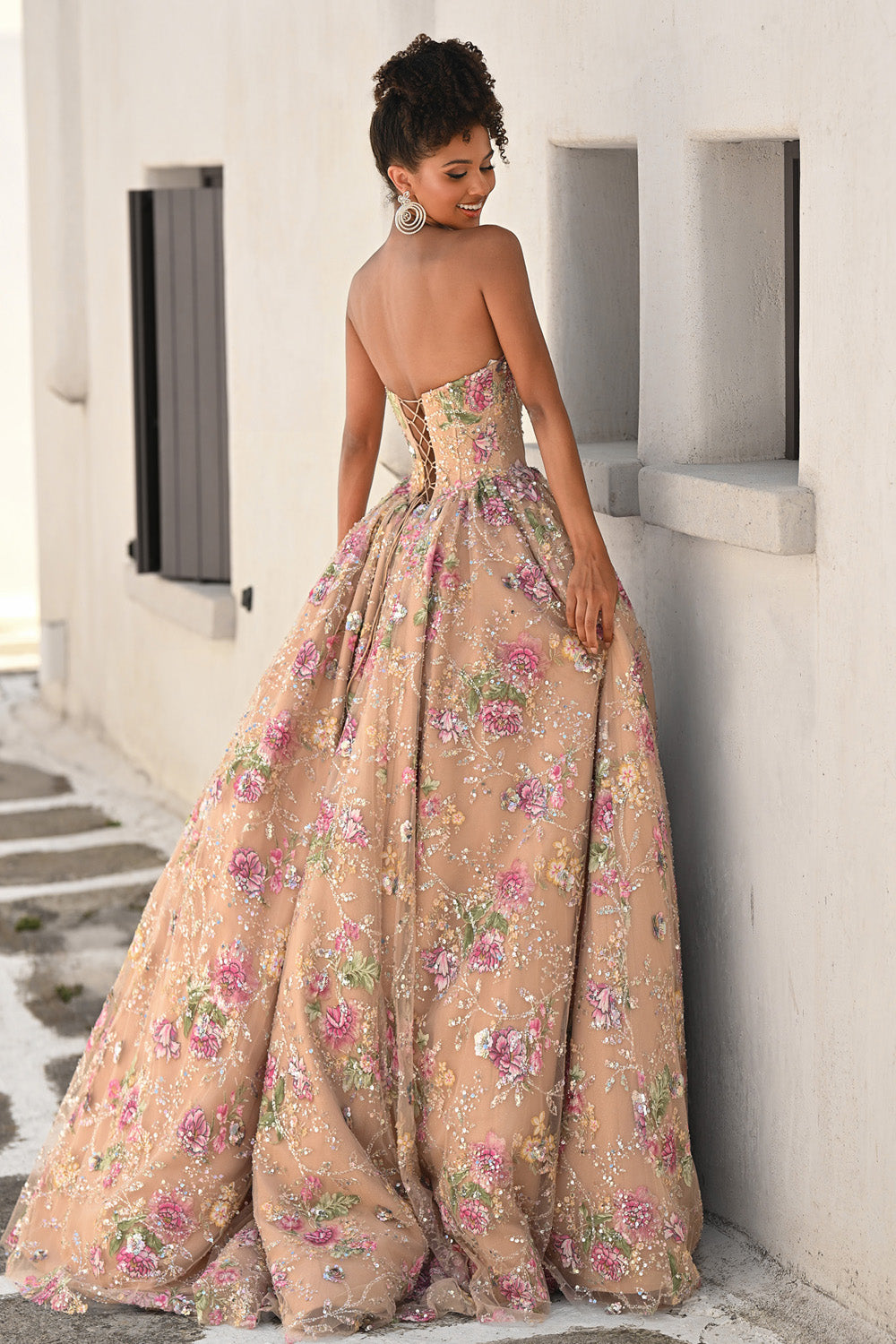 Portia and Scarlett PS26215 Rose ballgown prom dress with floral embellishments and lace-up back, back view.