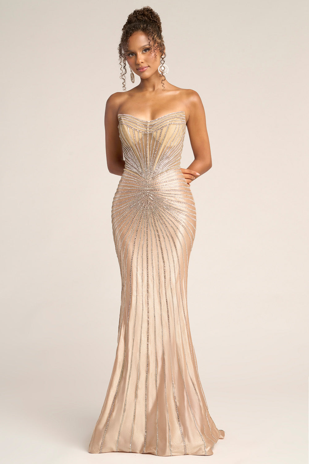 Portia and Scarlett PS26250 Champagne mermaid prom dress with stunning beading and a sweetheart neckline.