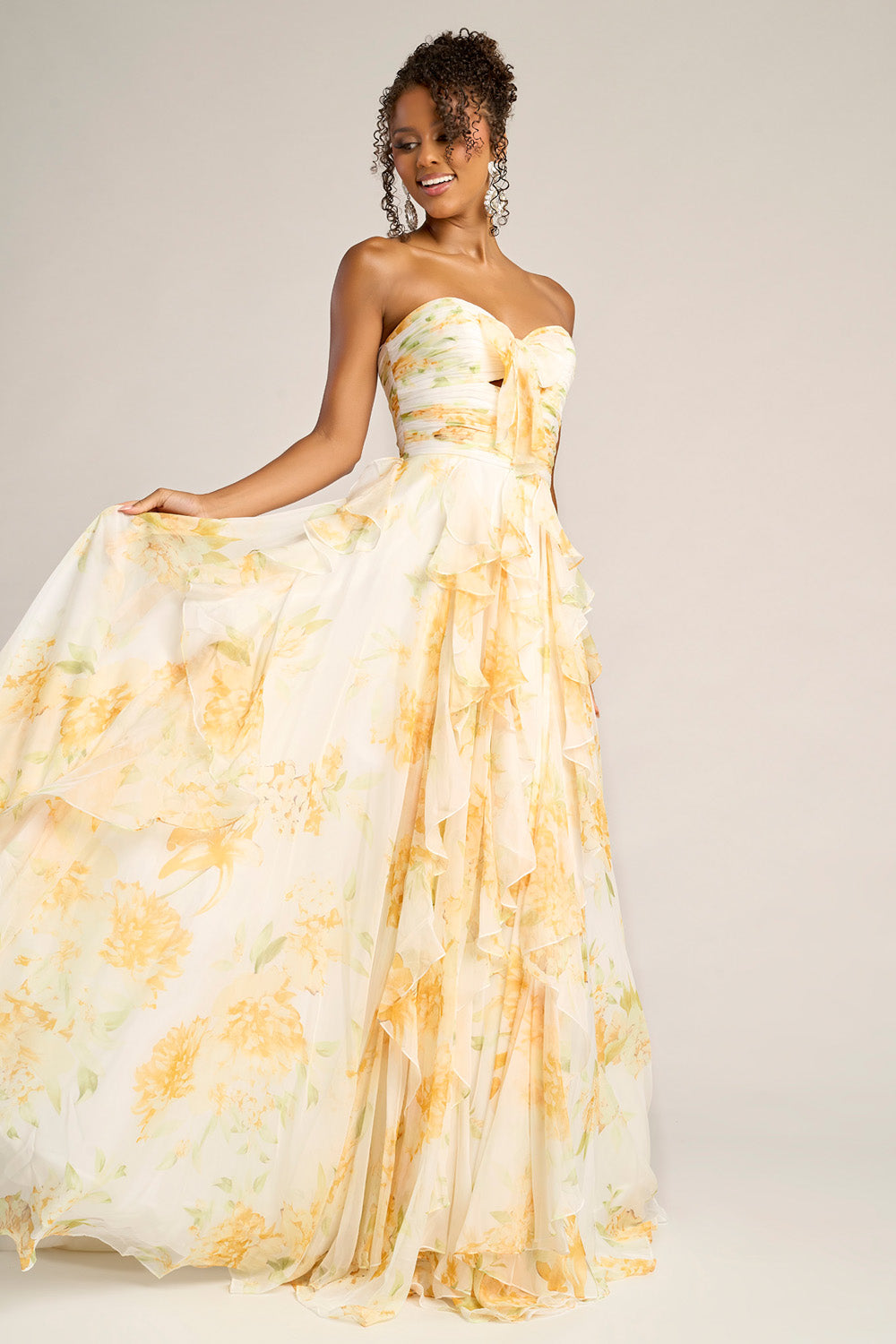 Portia and Scarlett PS26254 Strapless white lemon prom dress with ruffled layers and a flowing silhouette.