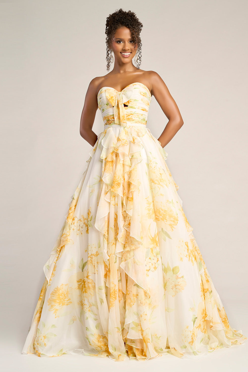 Portia and Scarlett PS26254 Strapless white lemon prom dress with ruffled layers and a flowing silhouette.
