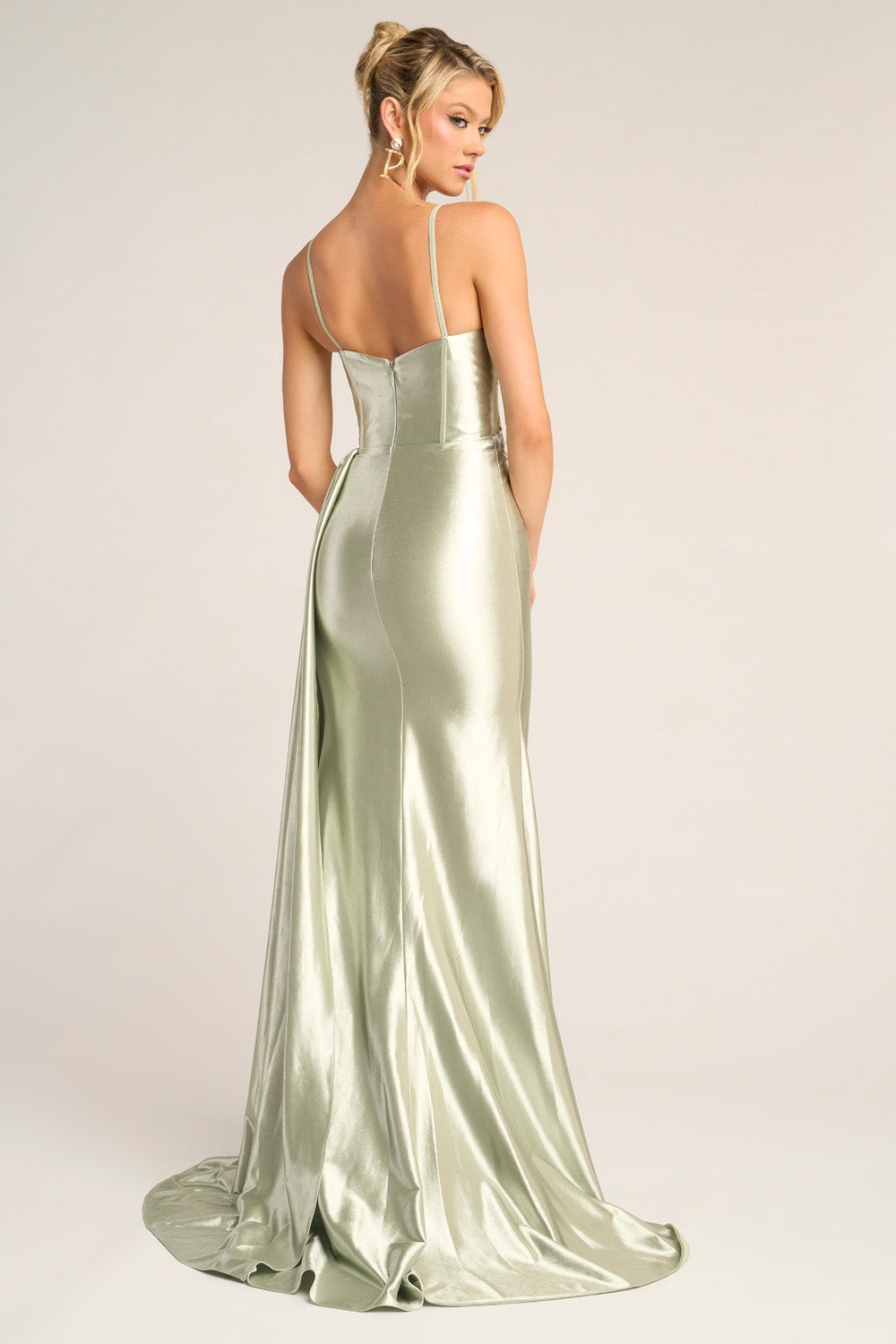 Portia and Scarlett PS26270 Sage mermaid prom dress with a sleek silhouette and elegant lace-up back.