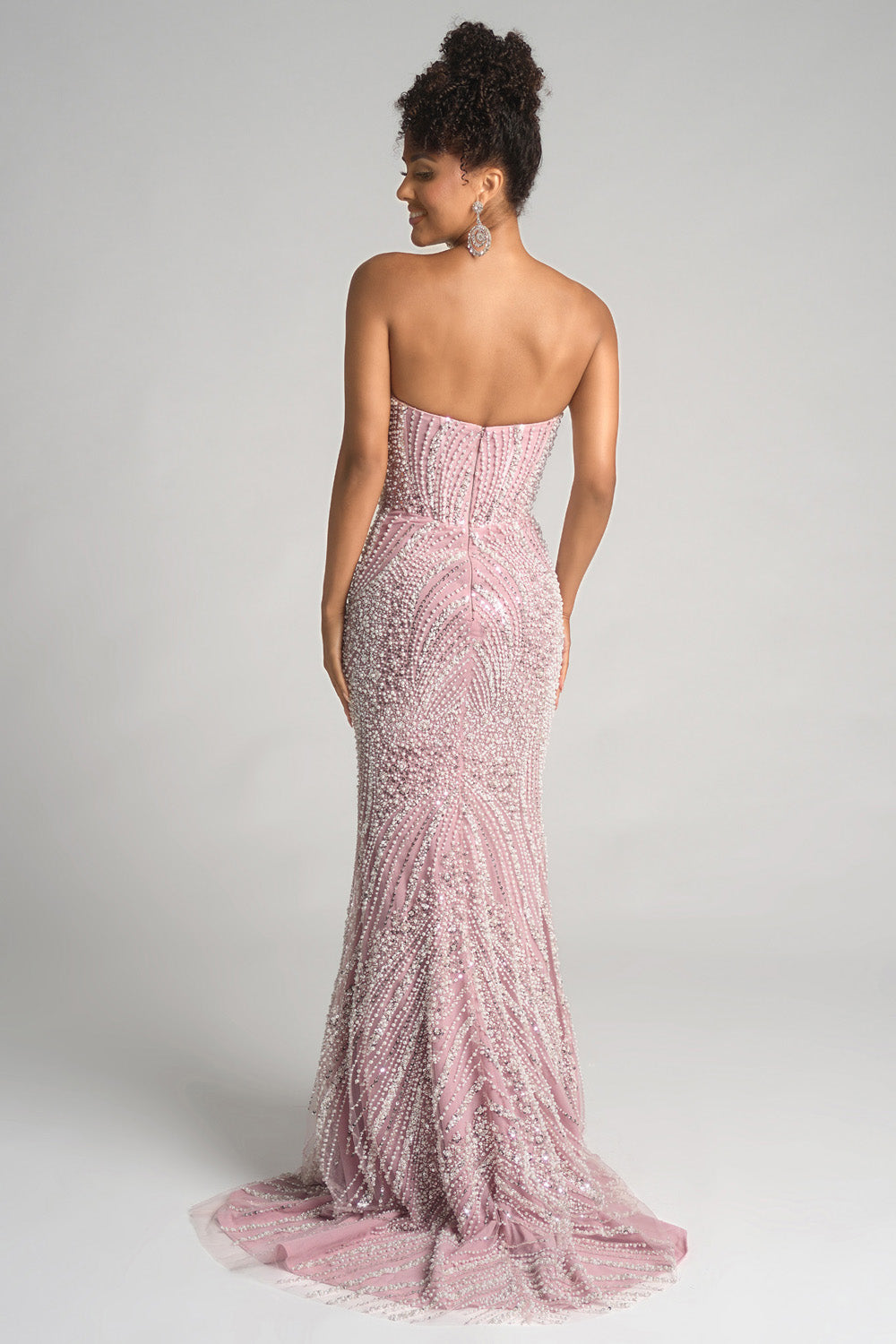 Portia and Scarlett PS26277 Pink mermaid prom dress with intricate beading, featuring a stunning back view.