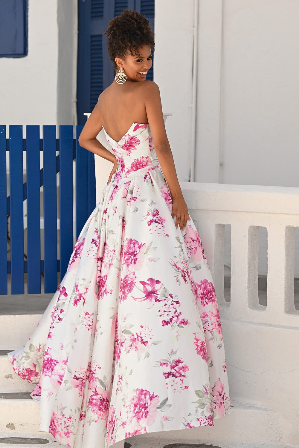 Portia and Scarlett PS26298 White and pink floral ballgown with a low back, perfect for prom prom dress.