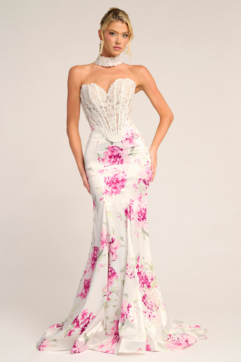 Portia and Scarlett PS26299 White and pink mermaid prom dress with lace bodice and floral print.