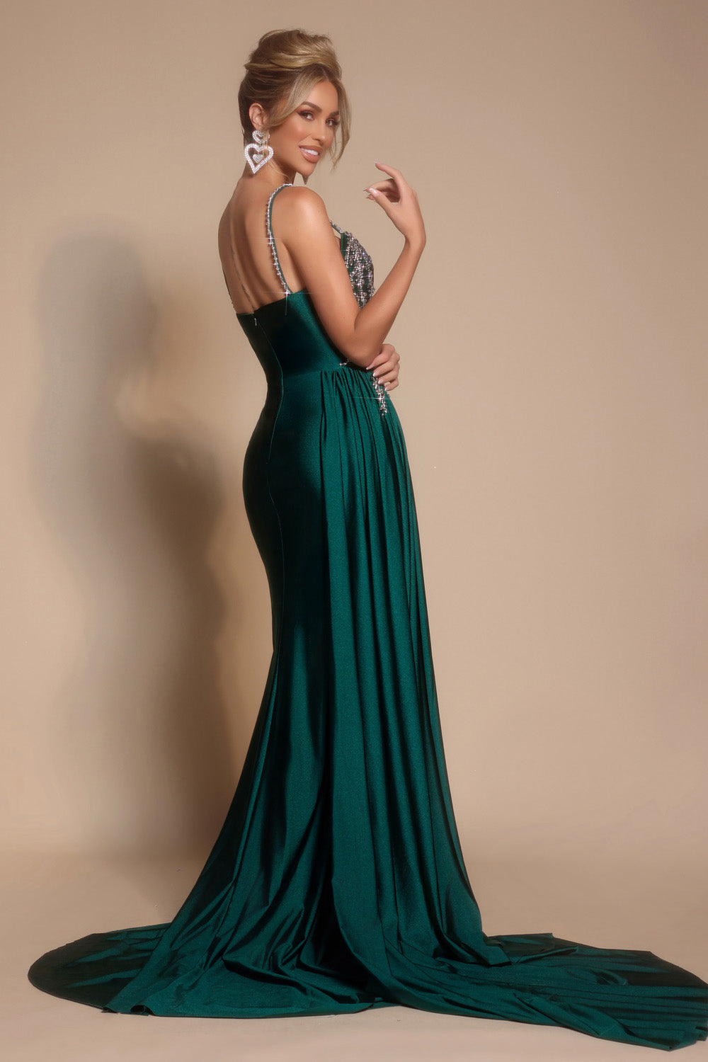 Portia and Scarlett PS26304e Emerald mermaid prom dress with beaded bodice and elegant train, back view.