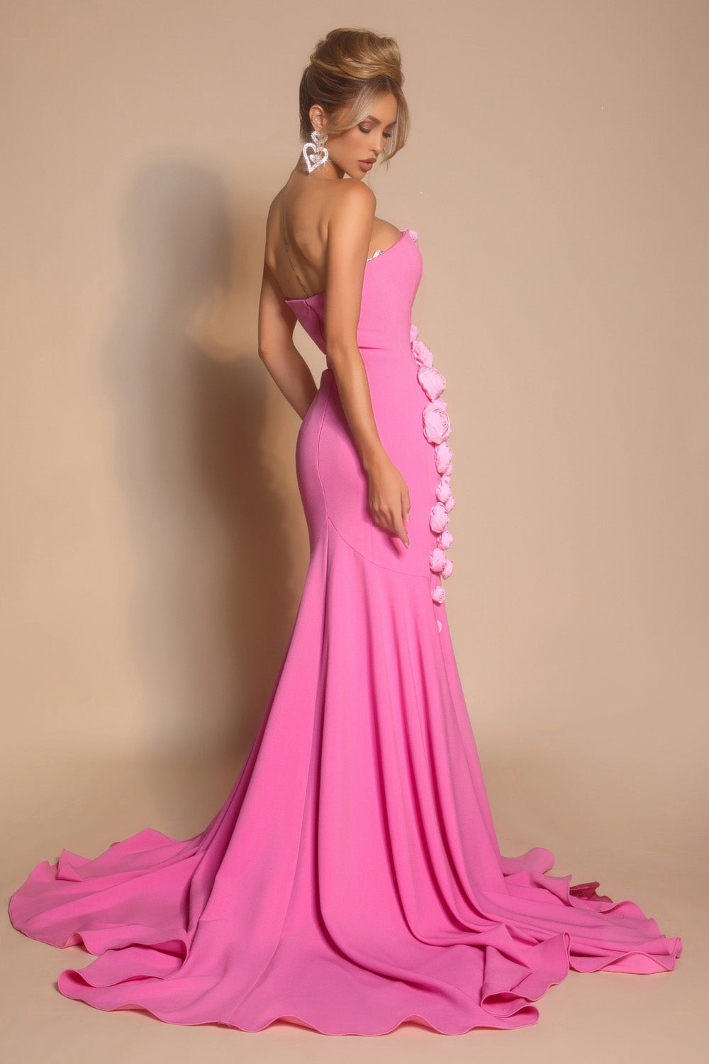 Portia and Scarlett PS26305e Pink mermaid prom dress with floral embellishments and a dramatic train.