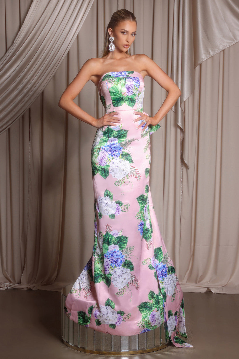 Portia and Scarlett PS26308e Pink mermaid prom dress with floral print and strapless design.