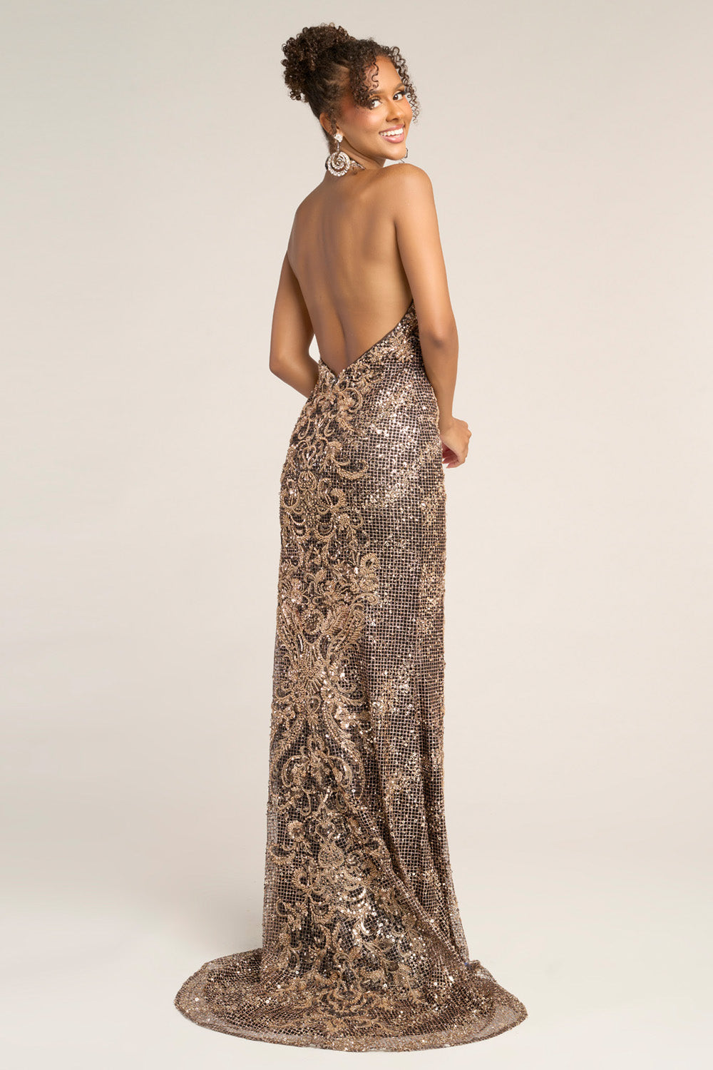 Portia and Scarlett PS26324e Black sequined mermaid prom dress with a stunning open back and intricate detailing.