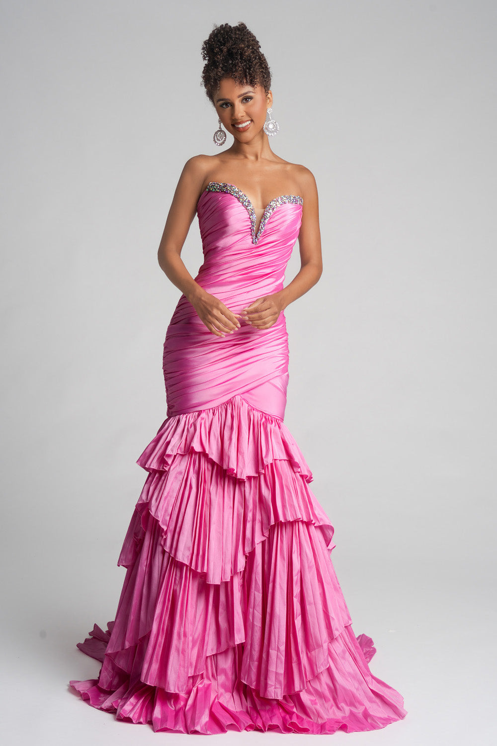 Portia and Scarlett PS26325e Pink mermaid prom dress with ruffled layers and sparkling beaded neckline.