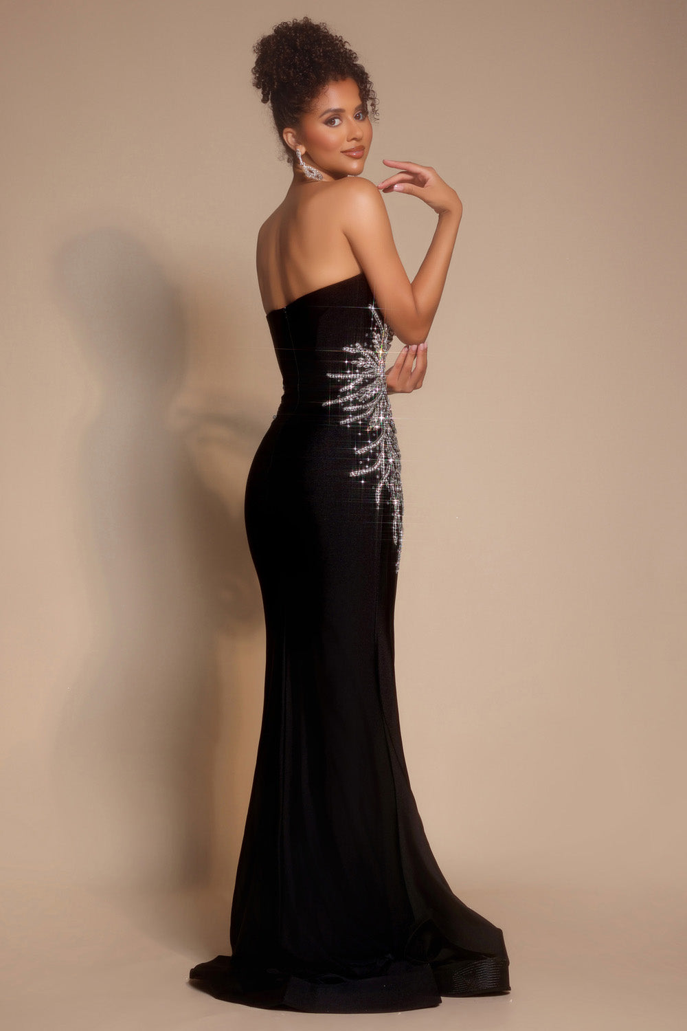 Portia and Scarlett PS26331e Black mermaid prom dress with stunning beading, featuring a strapless design.