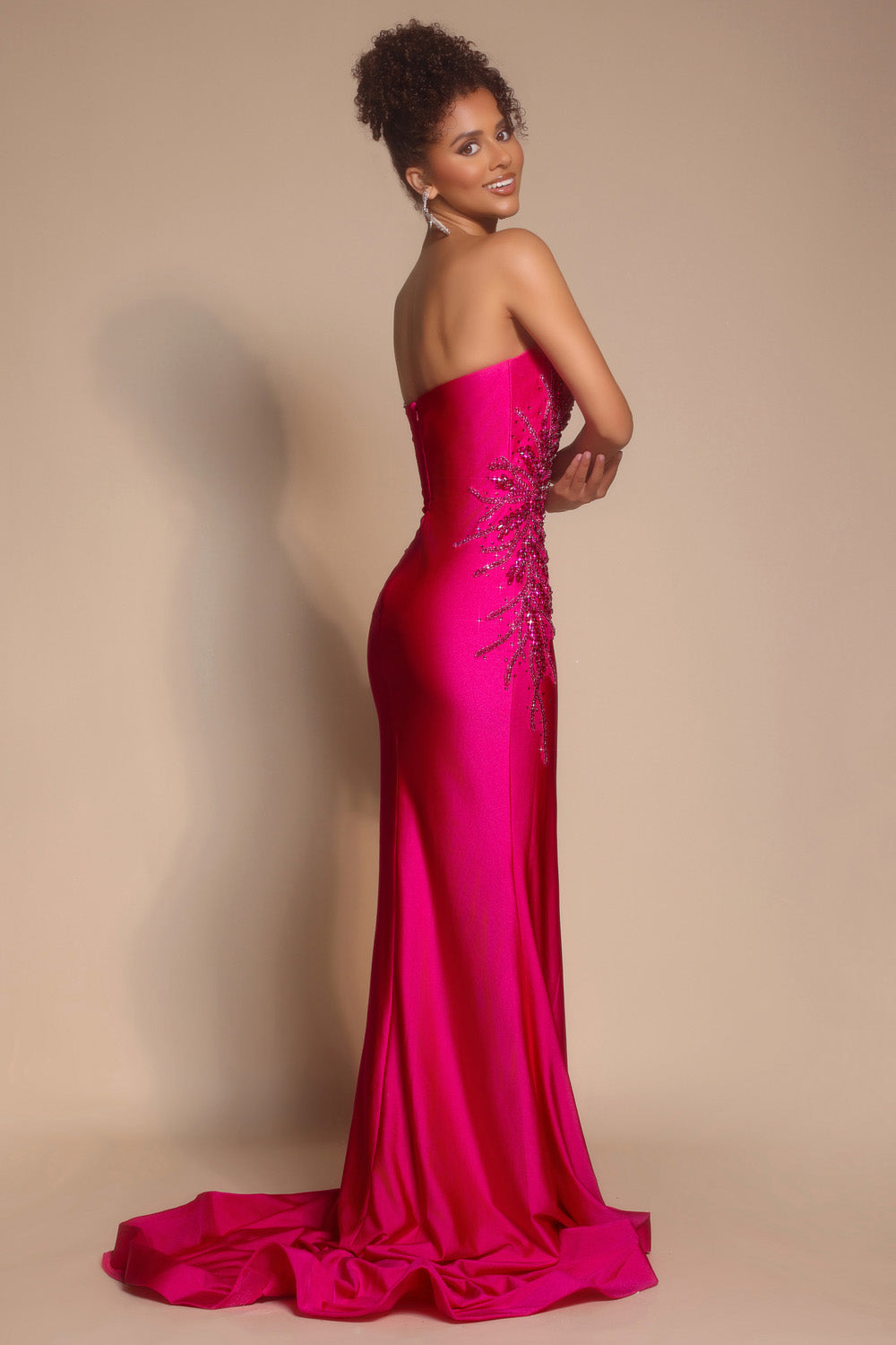 Portia and Scarlett PS26331e Hot pink mermaid prom dress with beading, featuring a stunning back view.
