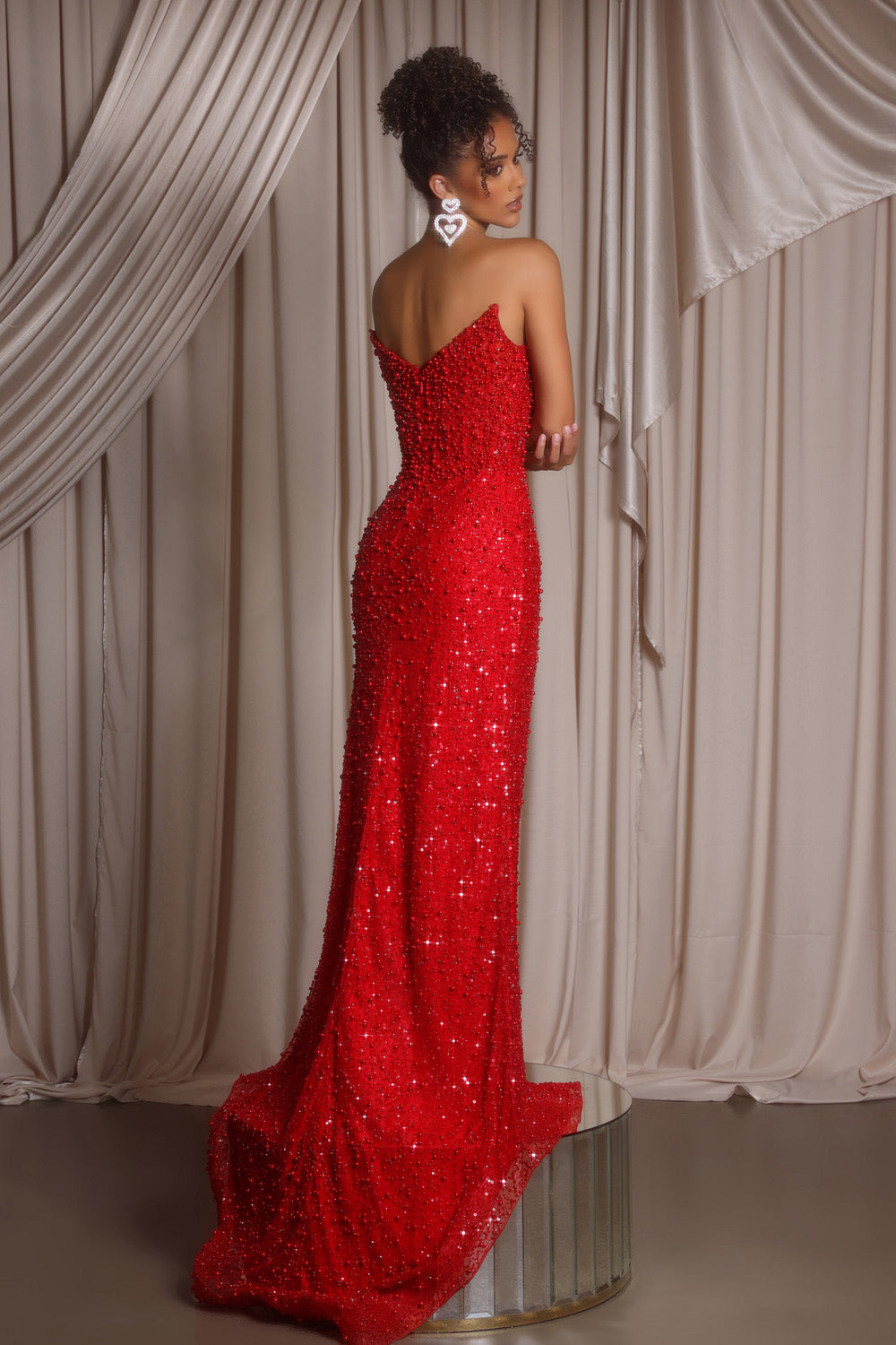 Portia and Scarlett PS26400c Red mermaid prom dress with sequins and a stunning back view.