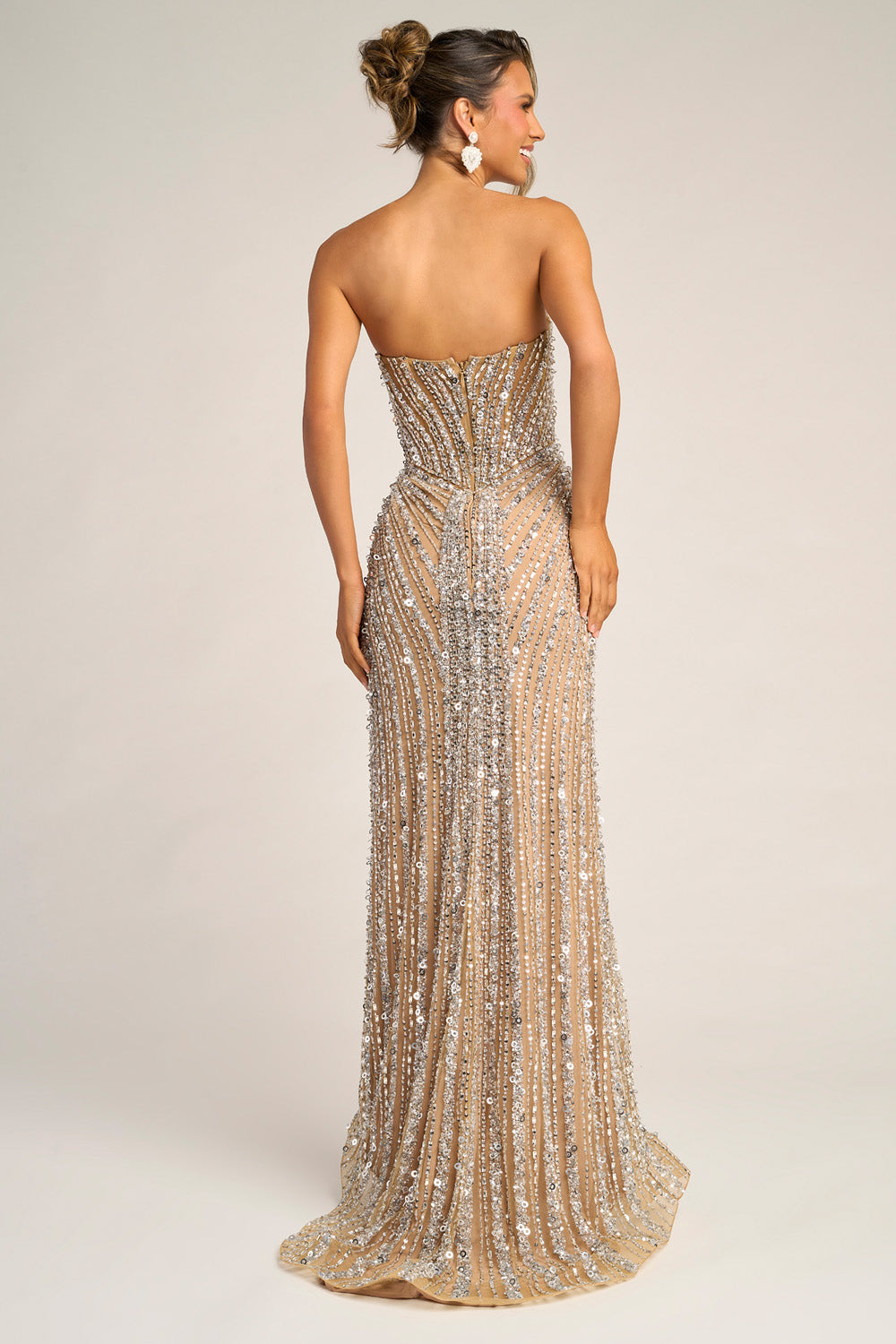 Portia and Scarlett PS26403c Nude silver gold mermaid prom dress with stunning sequins, back view.