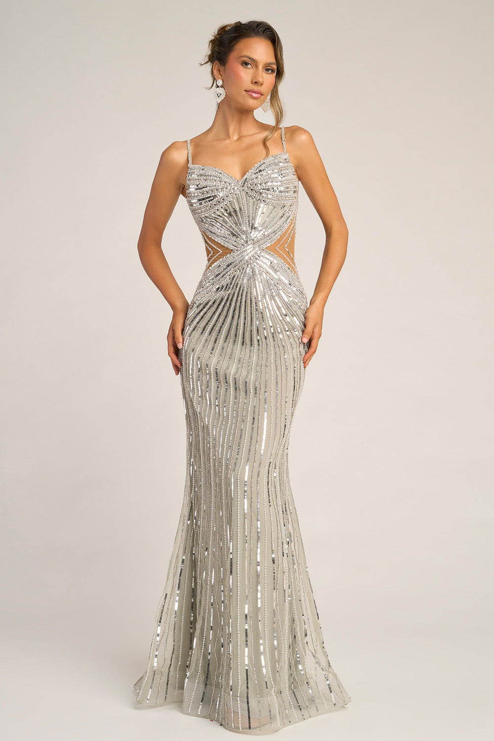 Portia and Scarlett PS26405c Silver mermaid prom dress with sequins and a stunning cutout design.