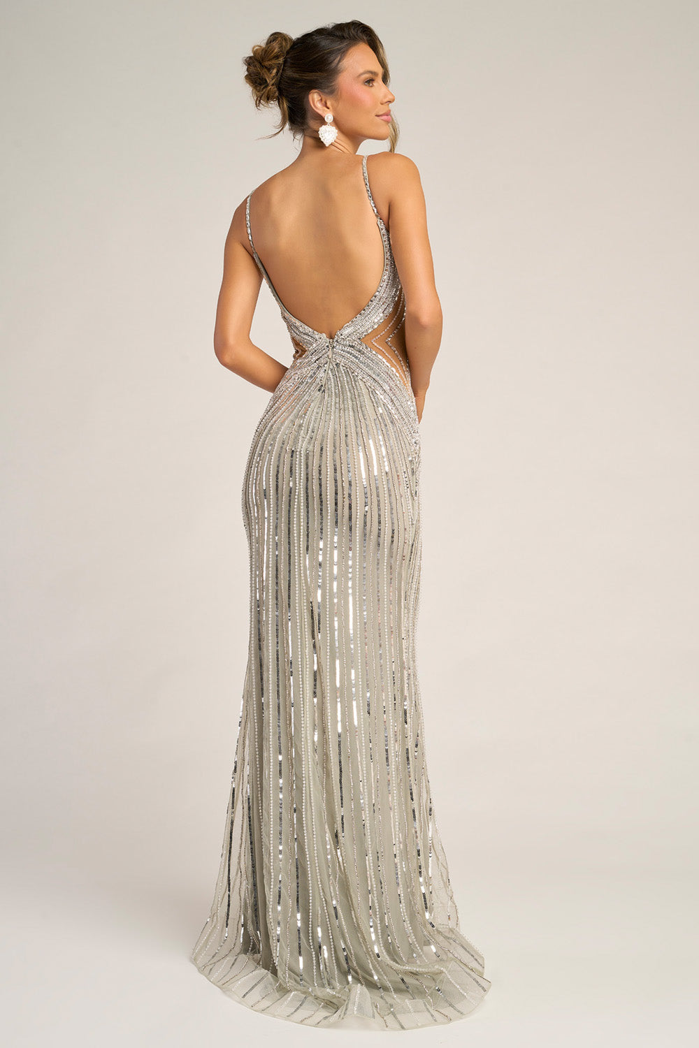 Portia and Scarlett PS26405c Silver mermaid prom dress with sequins and a stunning open back design.