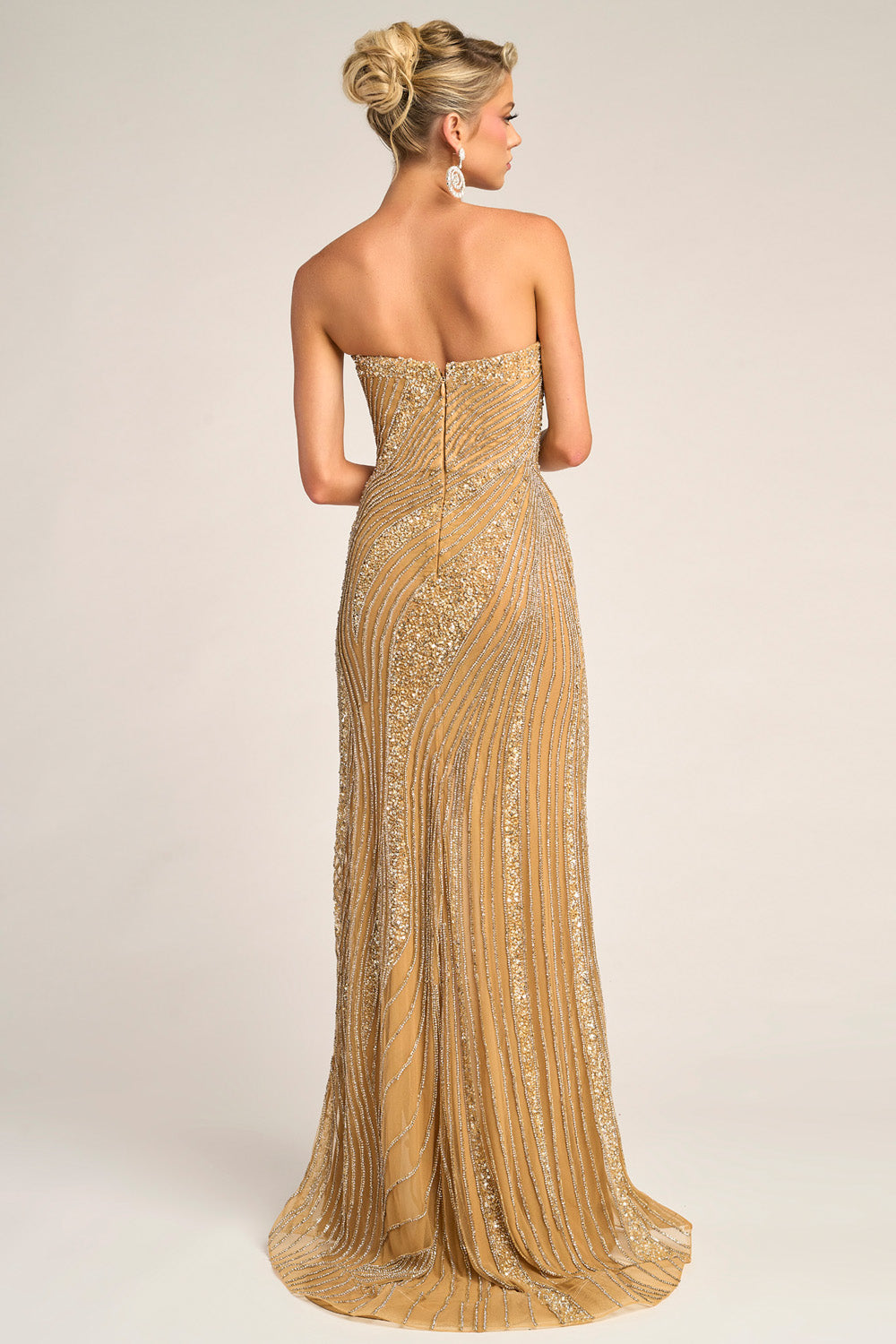 Portia and Scarlett PS26410c Gold mermaid prom dress with intricate beading, featuring a strapless design.