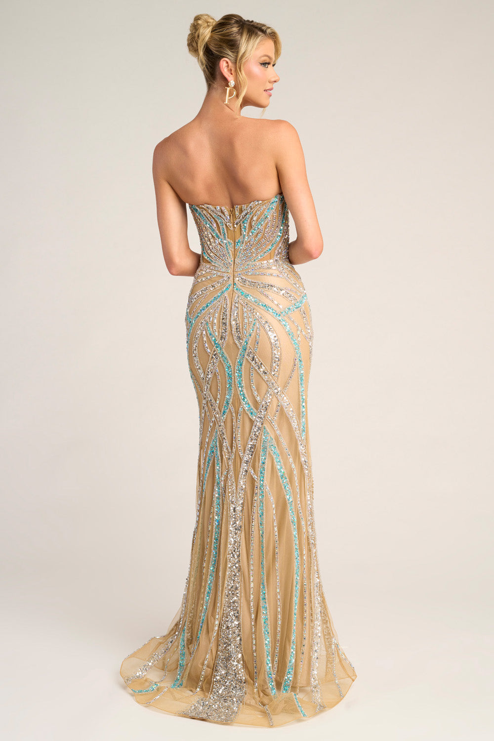 Portia and Scarlett PS26423c Nude blue silver mermaid prom dress with intricate beading, back view.