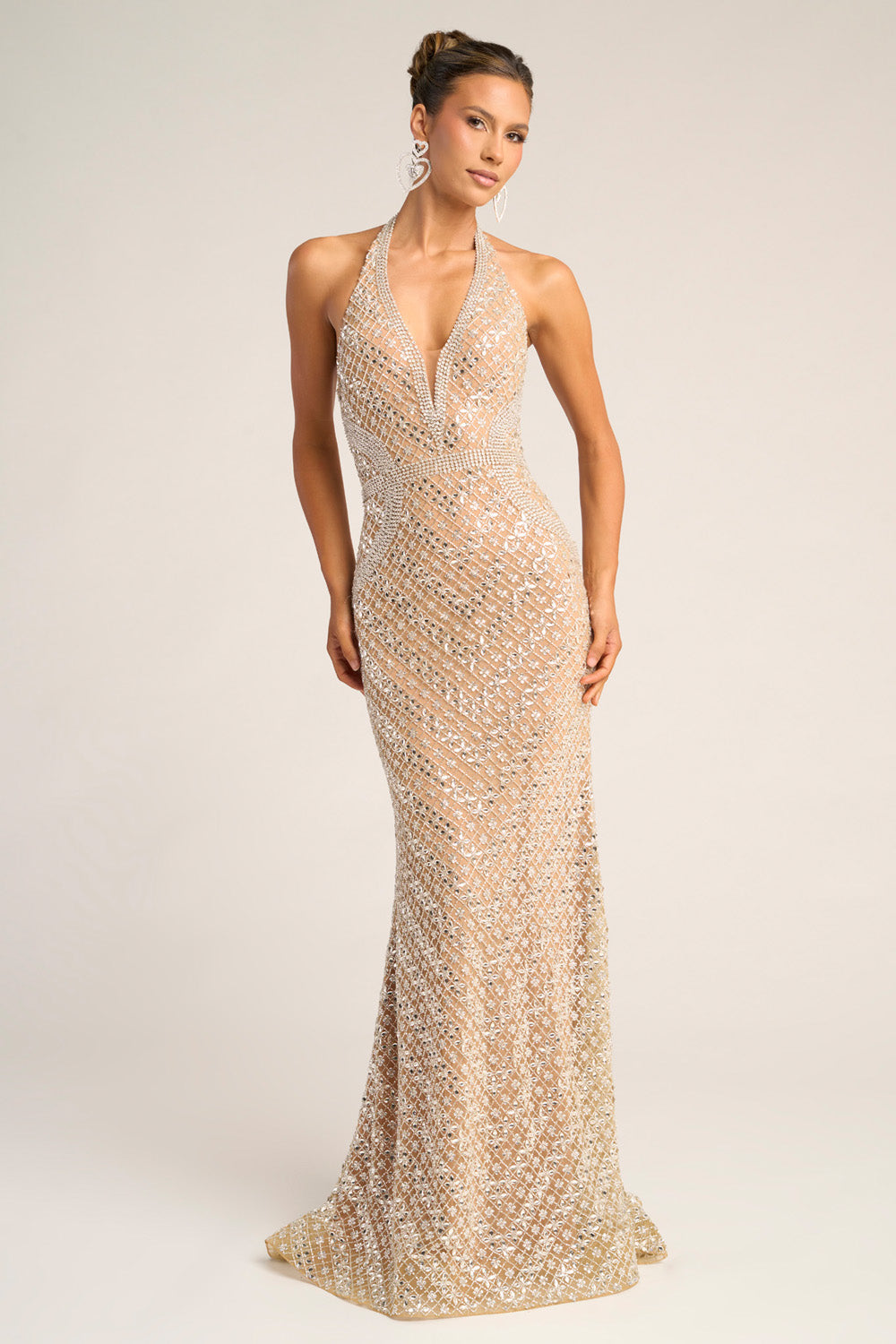 Portia and Scarlett PS26425c Nude silver mermaid prom dress with intricate beading and a plunging neckline.