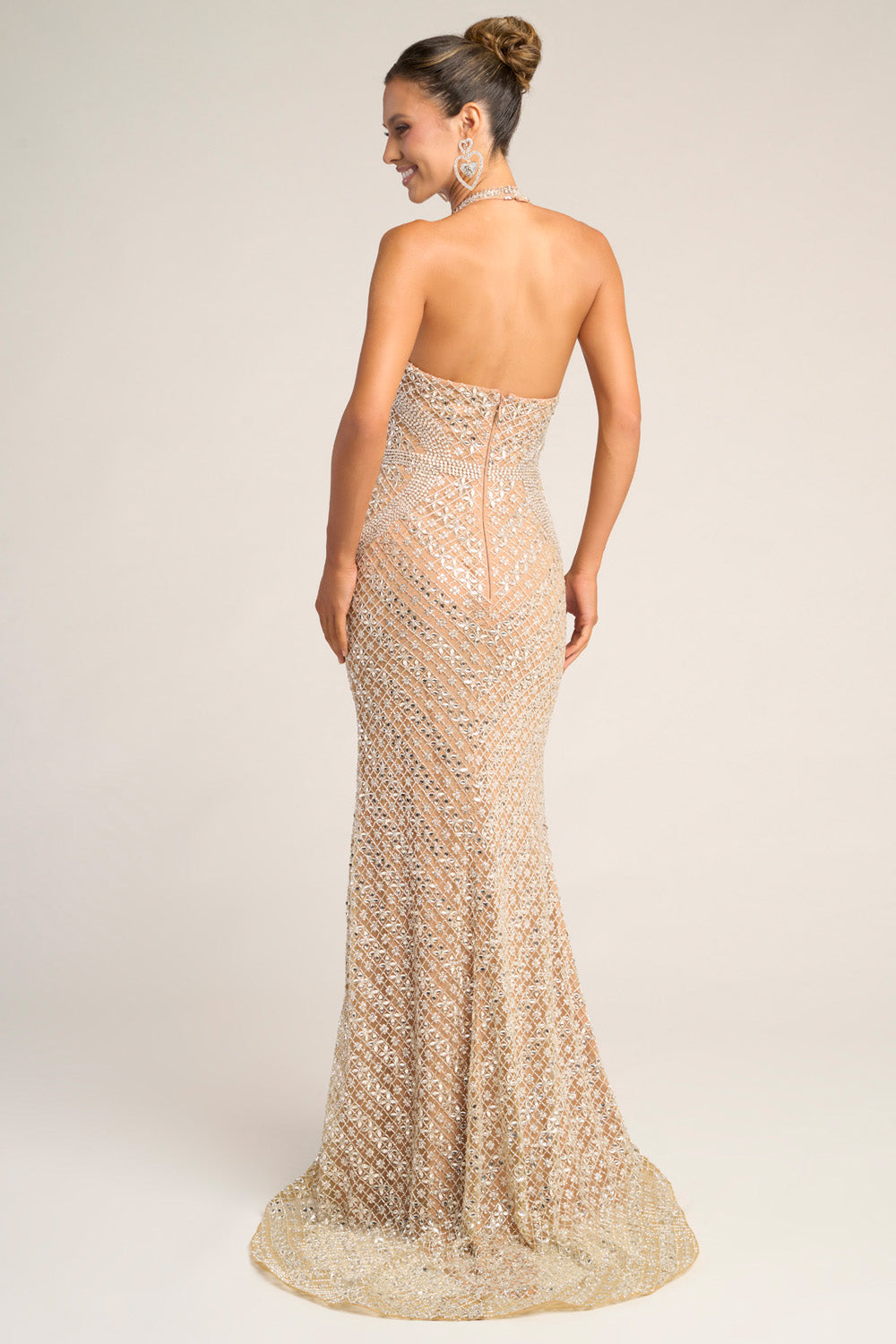 Portia and Scarlett PS26425c Nude silver mermaid prom dress with intricate beading, back view.